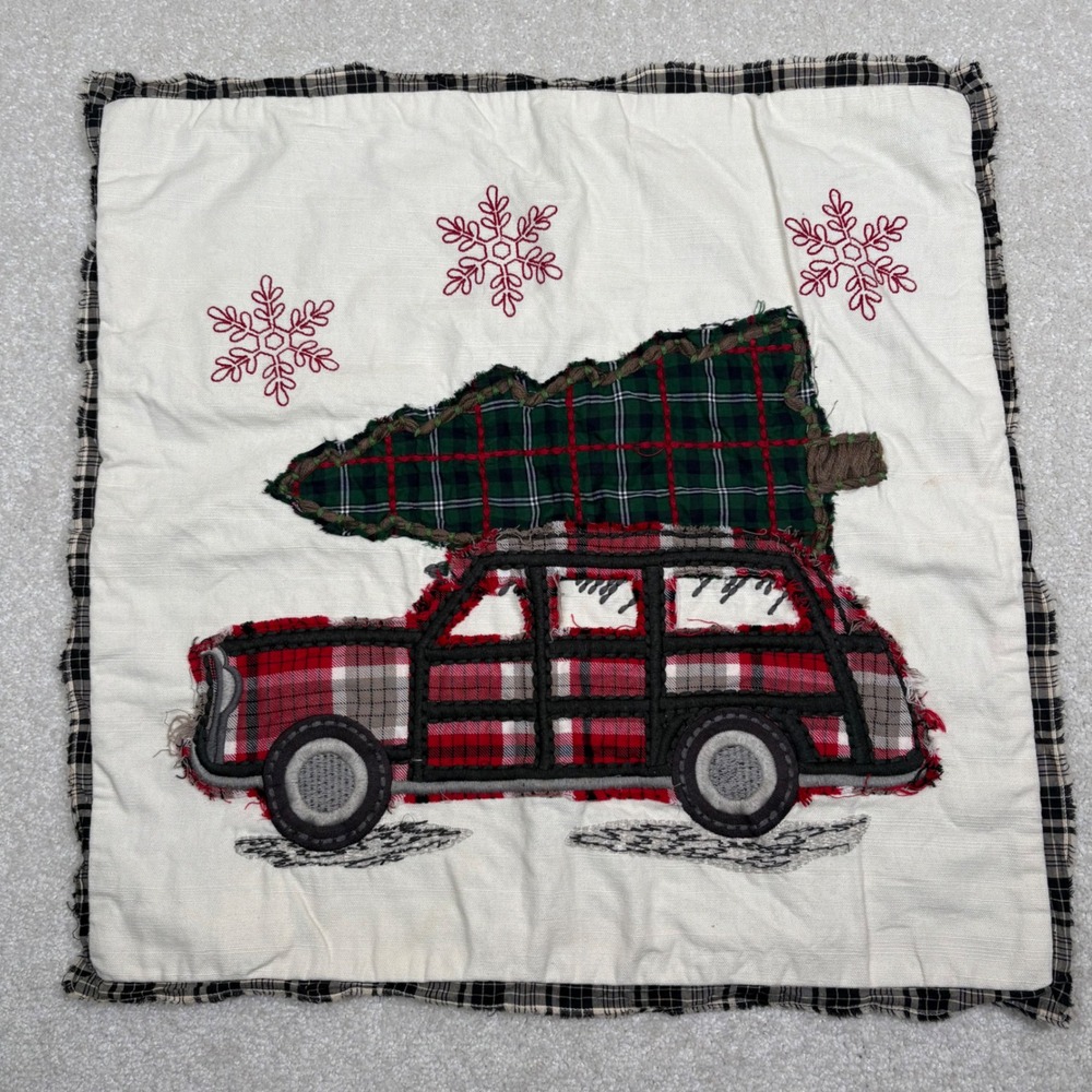 Pottery Barn Christmas Tree Woody Wagon Plaid Applique Pillow Cover 20x20 Rustic
